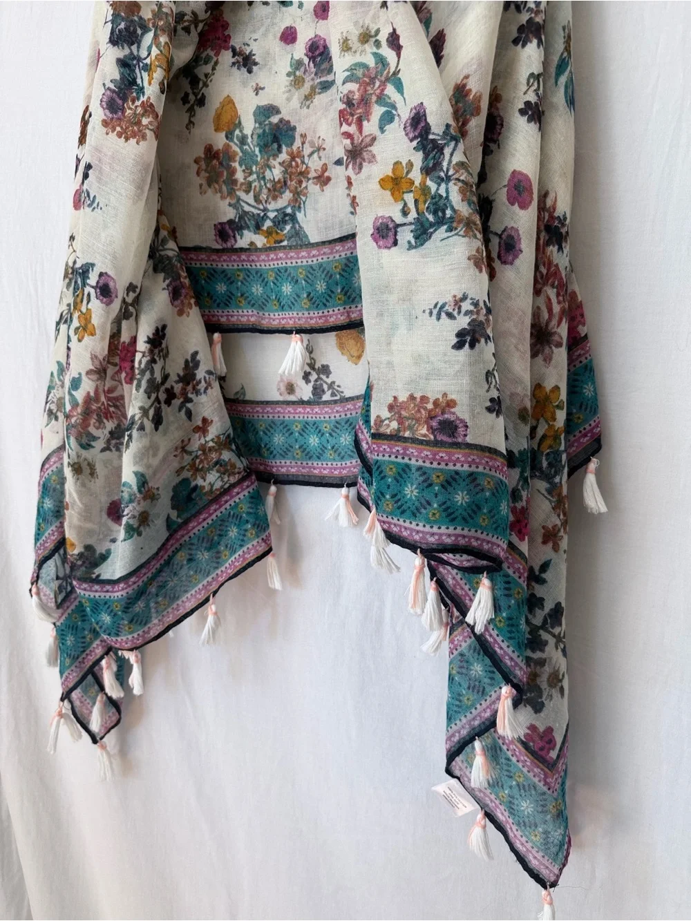Floral Jewel Toned Folk Tassel Scarf Wrap